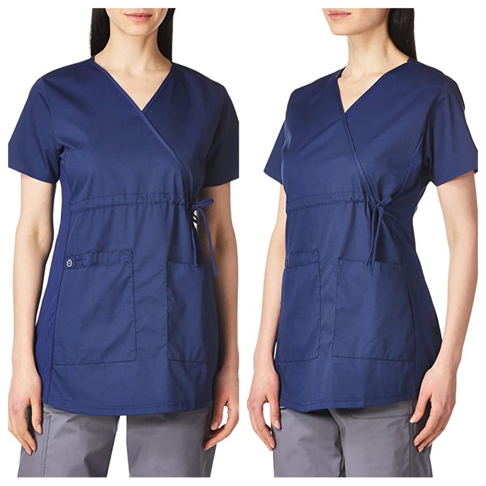 WonderWink WonderWORK Maternity Mock Wrap Top - Navy Blue
